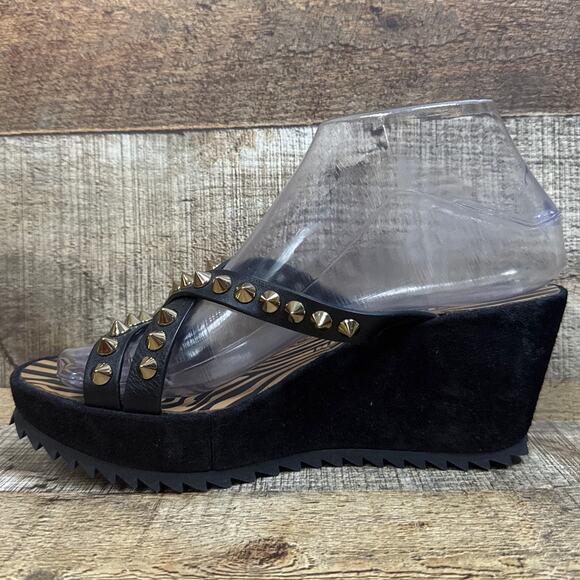 NEW Pedro Garcia Black Leather Wedge Sandals Cross Strap Gold Studded Size 37 7 - Picture 5 of 11